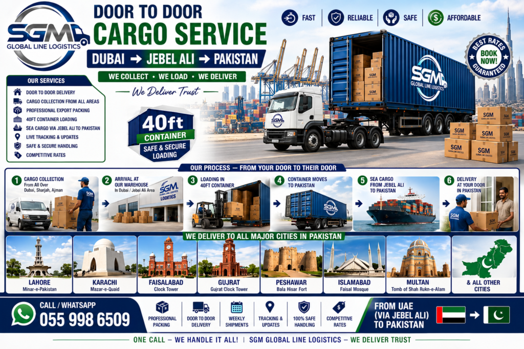 Door to door commercial cargo service banner for SGM Logistics Line from UAE to Pakistan